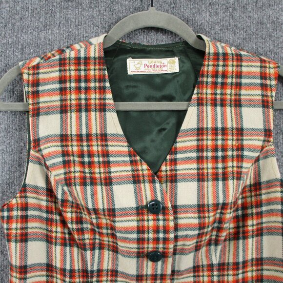 VINTAGE Pendleton Vest Womens 11 12 Orange Green Plaid Wool USA Made 70s Jrs - Picture 5 of 12